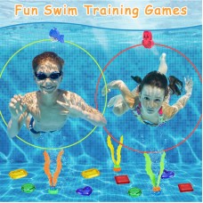 SelfTek Swimming Diving Pool Toys, 3 Pcs Swim Through Rings Swim Hoops, 3 Pcs Seaweeds, 8 Pcs Gems, Underwater Diving Training Toys Diving Games for Kids Family with Storage Bag