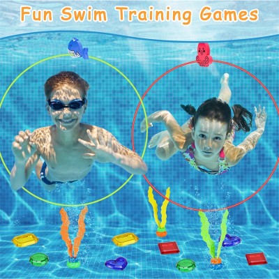 SelfTek Swimming Diving Pool Toys, 3 Pcs Swim Through Rings Swim Hoops, 3 Pcs Seaweeds, 8 Pcs Gems, Underwater Diving Training Toys Diving Games for Kids Family with Storage Bag