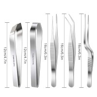 SelfTek Stainless Steel Tongs Tweezers 5 Piece Set, 3 Pcs 6.3 Inch Tweezers ,4.7 Inch Flat and Slant Fish Bone Tweezers Pliers for Chef Cooking Utensils,Precision Serrated Tips, Beauty Utensils